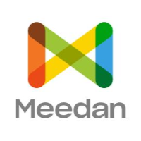 A colorful logo of 2 equilateral triangles turned on their sides, with their apexes touching. "Meedan" underneath